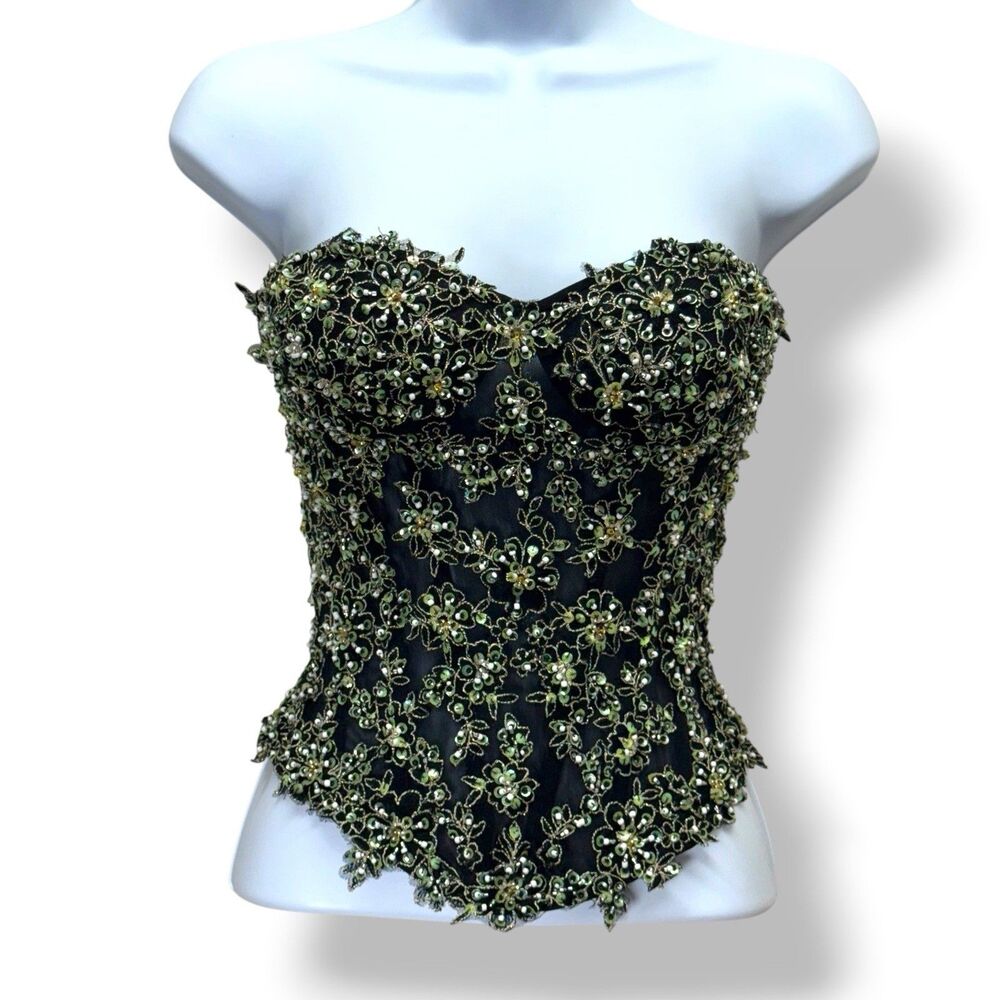 Vintage Fairy Y2K Beaded Strapless Corset Size 4 Padded Black Green Whimsigoth